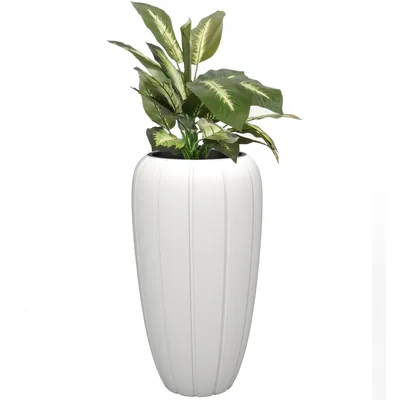 Productafbeelding van Bloempot met binnenpot, kleur wit, rond, 40 cm (diameter), 75 cm (hoogte), geribbelde oppervlakte, mat, kunststof, modern, glamoureuze stijl