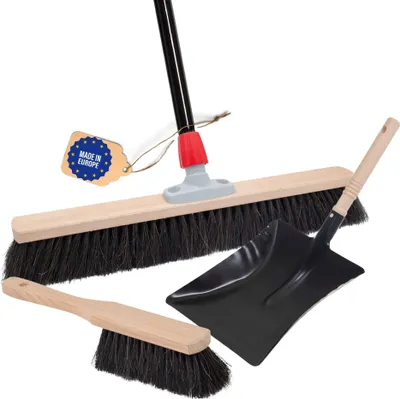 Produktbild von Novaliv Saalbesen Besen mit Stiel 50 cm Borsten Rosshaarbesen inkl. Kehrgarnitur schwarz bestehend aus Kehrblech und Handfeger besen fein Ideal als Werkstattbesen Hallenbesen mit Stiel Industriebesen