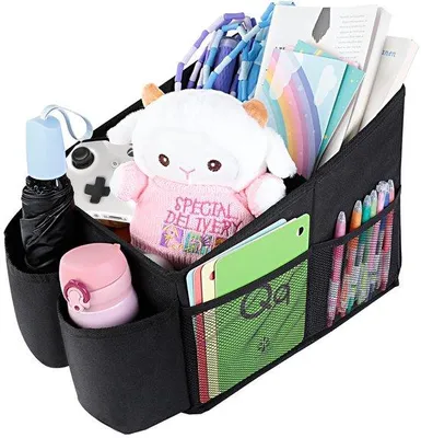 Image de Kit de rangement pour voiture, boîte de rangement pour enfants avec porte-gobelets et poches en filet pour les sièges avant et arrière ainsi que pour le coffre, noir