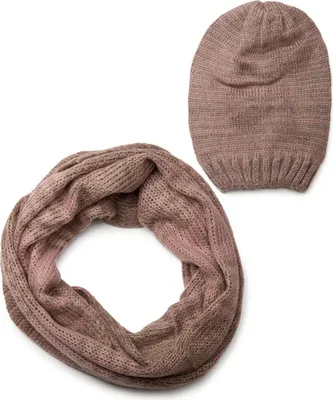 Produktbild von styleBREAKER Schal und Mütze Kombi Set, gestreifter Glattstrick Loop Schlauchschal mit Strick Beanie Mütze 01018204