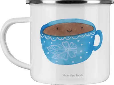 Produktbild von Mr. & Mrs. Panda Teetasse Kaffee Tasse - Weiß - Geschenk, Teebecher, Emaille Becher, Liebe, Genuss, Glücklich, Lustige Sprüche, Haferl, Geschmack