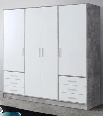 Produktbild von Kleiderschrank Jupiter in Stone Design und weiß 4-türig 207 x 200 cm