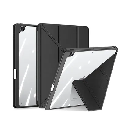 Three black tablet cases are shown against a white background. One case is open, revealing a tablet inside, and is propped up by its own cover.