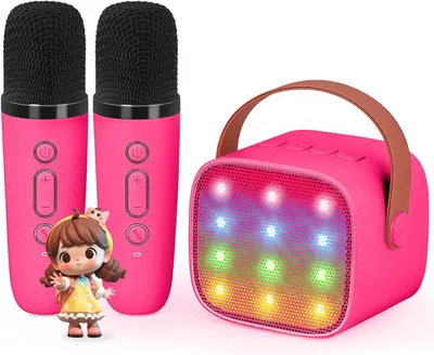 Produktbild von Karaoke Maschine mit 2 kabellosen Mikrofonen, Tragbarer Bluetooth Lautsprecher mit LED Lichteffekten, Handmikrofon, Rosa