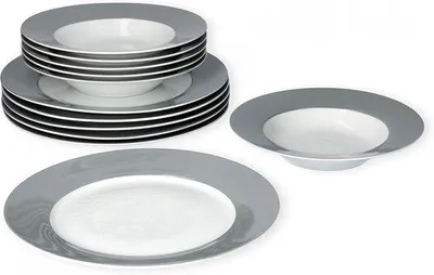 Obrázok produktu pre 12-dielna sada porcelánových tanierov pre 6 osôb – hlboké a ploché taniere – Ø 21,5 cm a Ø 26,5 cm | Biela s sivým okrajom