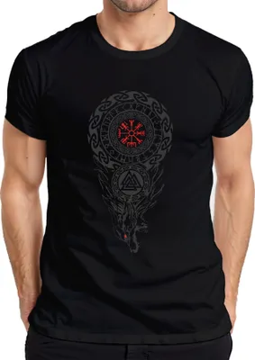 Obrázok produktu pre Vegvisir Fenrir Valknut Severské runy Vlk Mytológia Grunge Pánske tričko, čierna, XL