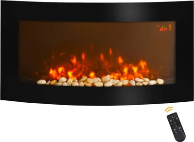 Obrázok produktu pre Elektrický krb s ohrevom, nástenný krb s LED efektom plameňa, 7 farieb plameňa, 1000/2000 W, elektrický krb s časovačom, nastaviteľný termostat