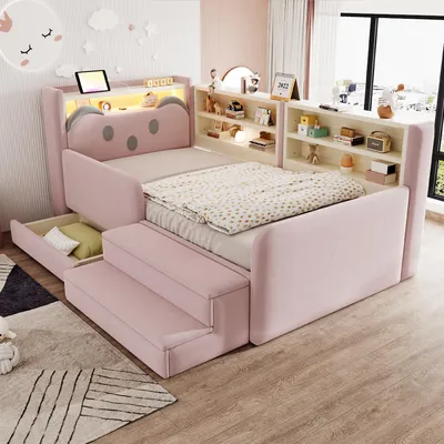 Immagine prodotto di Letto imbottito Merax 90x200 cm con spazio contenitore, letto singolo con testiera a forma di orso, letto per bambini con LED e porta USB, cassetto e poggiapiedi removibile, in velluto, color rosa