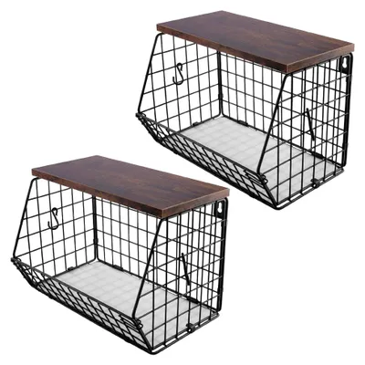 Produktbild von 2 Stück Obstkorb Hängend Schwarz, 2 Etagen Obstschale Hängekorb Wand Stapelbar Obst Organizer mit Holzdeckel, Obst Drahtkorb Wandkorb Hängend Metall für Obst Gemüse Aufbewahrung