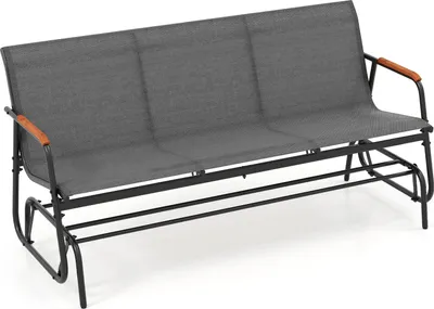 A three-seater glider bench with a dark gray fabric seat and black metal frame, featuring wooden armrests.