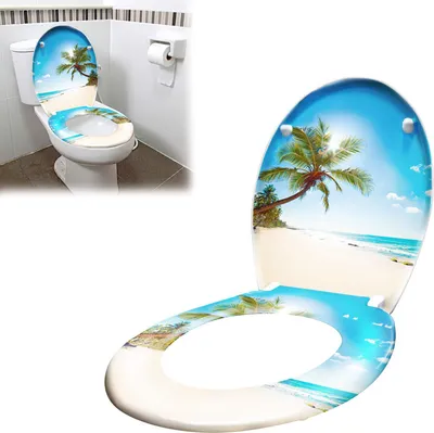Obrázek produktu pro Oválné WC víko a sedátko XINZI s mechanismem jemného zavírání, antibakteriální WC sedátko, WC sedátko a víko z tvrdého plastu (design Sunshine Beach)
