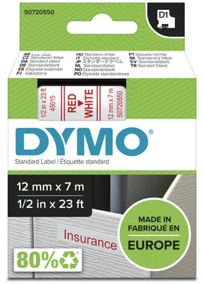 Obrázok produktu pre DYMO páska D1 12 mm x 7 m, červená na bielej, Červená na bielej, Polyester, Belgicko, -18 - 90 °C, DYMO, LabelManager, LabelWriter 450 DUO
