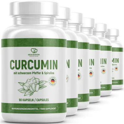 Produktbild von Green Nutrition Curcumin Kapseln mit Kurkuma Extrakt und Piperin - 90 vegane Kapseln - 6x