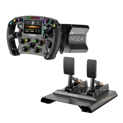 A racing wheel, base, and pedals are displayed against a white background.