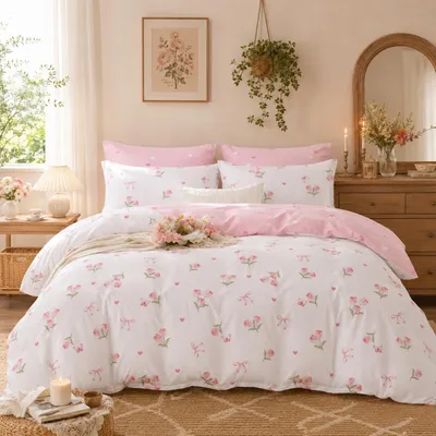 Produktbild von Bettwäsche Set 155x220 Rosa Weiß Blumen Herzen mit Schmetterlingen