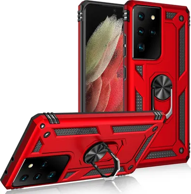 Produktbild von LaimTop Schutzhülle für Galaxy S21 Ultra 5G, Dual Layer Robust Militäre Fallschutz Hülle mit Ringhalterung Ständer Rot