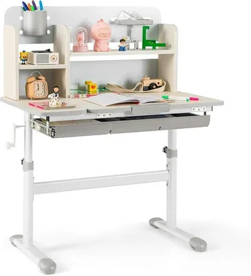 Imagen del producto de Escritorio infantil con altura ajustable, escritorio para niños con superficie inclinable, estanterías y cajón, escritorio juvenil, escritorio para estudiantes de 3 a 12 años (gris)