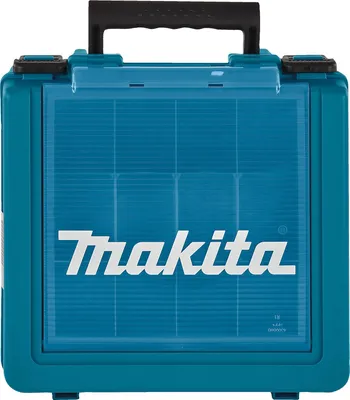 A teal Makita plastic transport case with a black handle and a transparent blue lid showing internal compartments. The Makita logo is prominently displayed on the lid.