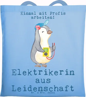Produktbild von Mr. & Mrs. Panda Tote Bag Elektrikerin Leidenschaft - Sky Blue - Geschenk, Beutel, Ausbildung, Gesellenprüfung, Tasche, Laptoptasche, Jutebeutel, Lustig, Beruf, Spruch