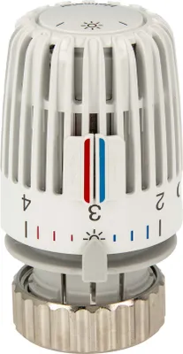 A white thermostat head with a gray base and a silver threaded ring.