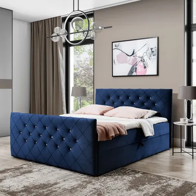 Produktbild von Boxspringbett Doppelbett MONAKO  - 160x200cm Bett mit Bonellmatratze, mit Bettkasten f r Bettw sche und Topper. Gepolstertes Kopfteil und Fussteil mit einer eleganten Steppung verziert (Dunkel blau)