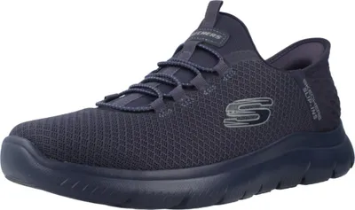 A single navy blue Skechers sneaker is shown from a side-angle on a white background.
