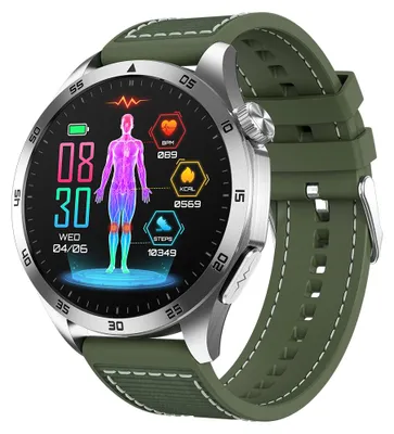 A close-up studio shot of a green smartwatch with a digital display showing health metrics.