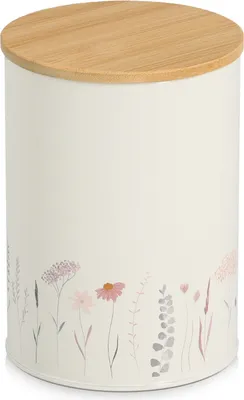 Produktbild von ZELLER 19401 Vorratsdose 1400 ml FLOWERS Metall mit Bambusdeckel, weiß/Dekor