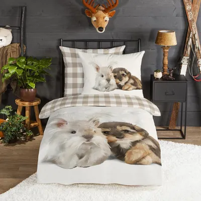 Produktbild von Traumschlaf Flanell Bettwäsche Hase und Hund 135x200 cm + 80x80 cm