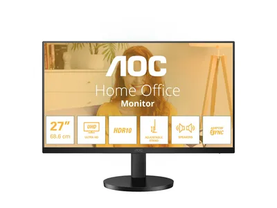 Produktbild von AOC U27B3Af Monitor, 68,58 cm, UHD 3840x2160, IPS, 60 Hz, 4 ms, HDR10, Adaptive Sync, Randlos, Höhenverstellung, Neigungsverstellung, Flicker-Free, Low Blue Light, 2x HDMI 2.0, 1x DP 1.4, int. Lautsprecher, VESA, OSD, Kabelsperre
