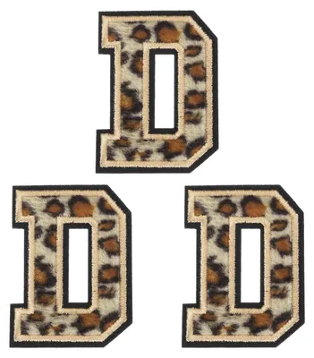 3 Chenille-Buchstaben-Patches D, 6 cm, Leopardenmuster, zum Aufbügeln