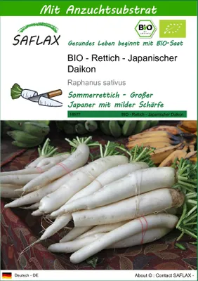 Produktbild von SAFLAX - BIO - Rettich - Japanischer Daikon - 100 Samen - Mit keimfreiem Anzuchtsubstrat - Raphanus sativus
