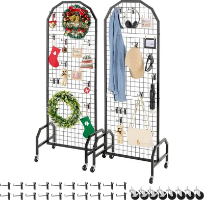 Produktbild von VEVOR Gitterwandpaneele Gitterwand 60 x 164 cm 2 Stk. rollbarer Präsentationsständer mit 20 Haken, Präsentationsregale Kohlenstoffstahl, Kunstausstellungsregal für Dekoration Lagerung, schwarz