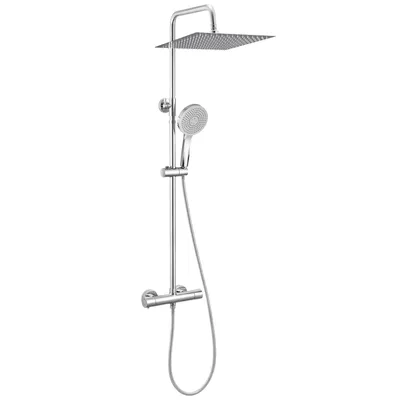 Produktbild von Auralum Duscharmatur Komplettset, Edelstahl mit Thermostat Armatur, 30x30 CM Regendusche, 5 Strahlarten und Höhenverstellbarer Duschstange (Chrom)