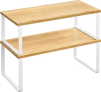Obrázek produktu pro Sada 2 organizérů na kořenky do kuchyňské linky, rozšiřitelná, malá, stohovatelná, z kovu a dřeva, v bílé a přírodní béžové barvě - KCS200W01