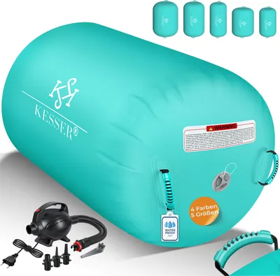 A teal inflatable air roll with accessories and smaller versions of the product shown in the background.
