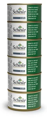 Imagen del producto de Schesir, alimento húmedo para gatos adultos, sabor a atún/pollo, 6 latas de 85g