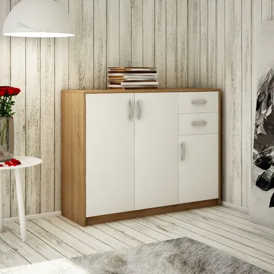 Produktbild von Kommode mit 2 Schubladen und 3 Türen in matter Ausführung, Kommode 110cm breit Holz Schrank Sideboard Highboard Kommode mit Schubladen Sonoma-Weiß