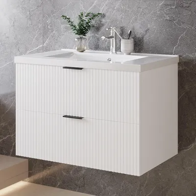 Produktbild von 80cm Badmöbel Set Keramik Waschtisch mit Unterschrank Weiß Matt  Badezimmerschrank mit geriffelte Schubladentüren