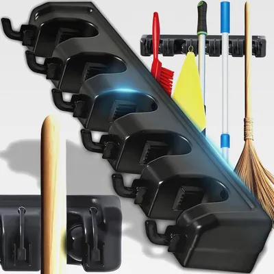 Produktbild von Besenhalterung Wand, Gerätehalter mit 5 Halter und 6 Haken, Werkzeughalter Organizer für Garage, Küche, Badezimmer, Garten, Besen Mop Halter für Wandhalterung
