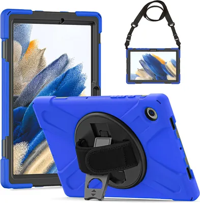 Produktbild von Rascom Hülle für Samsung Galaxy Tab A8 10.5 Zoll 2021 SM-X200/SM-X205/SM-X207, Stoßfeste Robust Panzerhülle mit Drehbar Stände, Handschlaufe, Schultergurt Schutzhülle für Samsung Tab A8 10.5" Blau