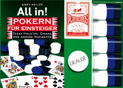 Productafbeelding van All in! Poker voor beginners. Texas Hold'em, Omaha en andere varianten. Boek met kaarten, chips en dealerknop
