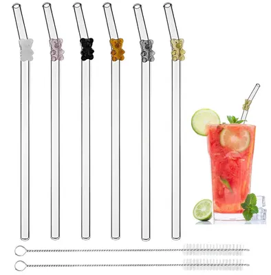 Produktbild von Glas-Trinkhalme wiederverwendbar gebogen 20cm 6er Set mit Reinigungsbürsten