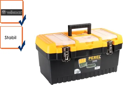 A black and yellow tool box with transparent organizers in the lid, shown against a white background. There are two small inset boxes on the left with text and checkmarks.