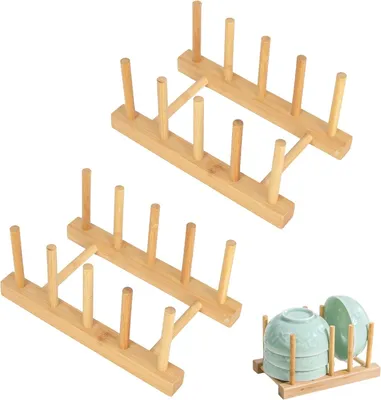 Produktbild von Holz Tellerständer 2 Stück, Topfdeckelhalter, Abtropfgestell für Geschirr, Bambus Geschirrhalter