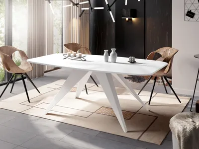 Produktbild von Ausziehbarer Esstisch im Loft-Stil - Industrieller Tisch mit Weißen Metallbeinen - Modernes Design für Wohnzimmer - 180 cm Ausziehbar auf 220 cm - Weiß