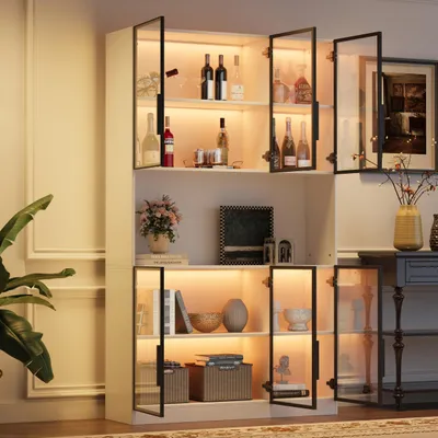 Produktbild von MODFU Vitrine, Standvitrine mit 6 Schranktüren,Aufbewahrungsschrank,Glasvitrine mit LED Beleuchtung,Hochschrank mit sechs transparenten Glastüren und Stauraum,Weiß