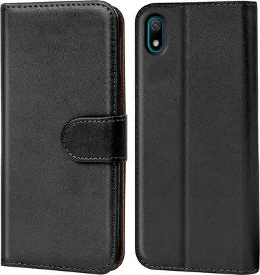 A black book-style phone case is shown open and closed.