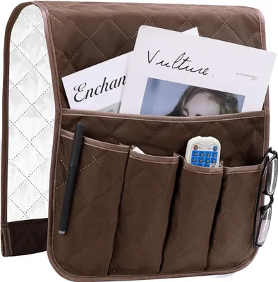 Produktbild von Armlehnen-Organizer für Sessel, Schutzhülle für Sofa und Stuhl, platzsparende Hängetaschen, rutschfeste Aufbewahrungstasche für Telefon, Bücher, Zeitschriften, TV-Fernbedienung, Braun