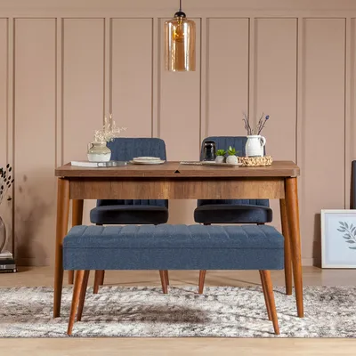 Immagine prodotto di Skye Decor, Vina 1048 - 3 - Noce, Blu scuro, Set composto da tavolo da pranzo allungabile e sedie (4 pezzi), noce, 100% PANNELLI DI PARTICELLE RIVESTITI IN MELAMMINA, 163 x 80 x 75 cm
